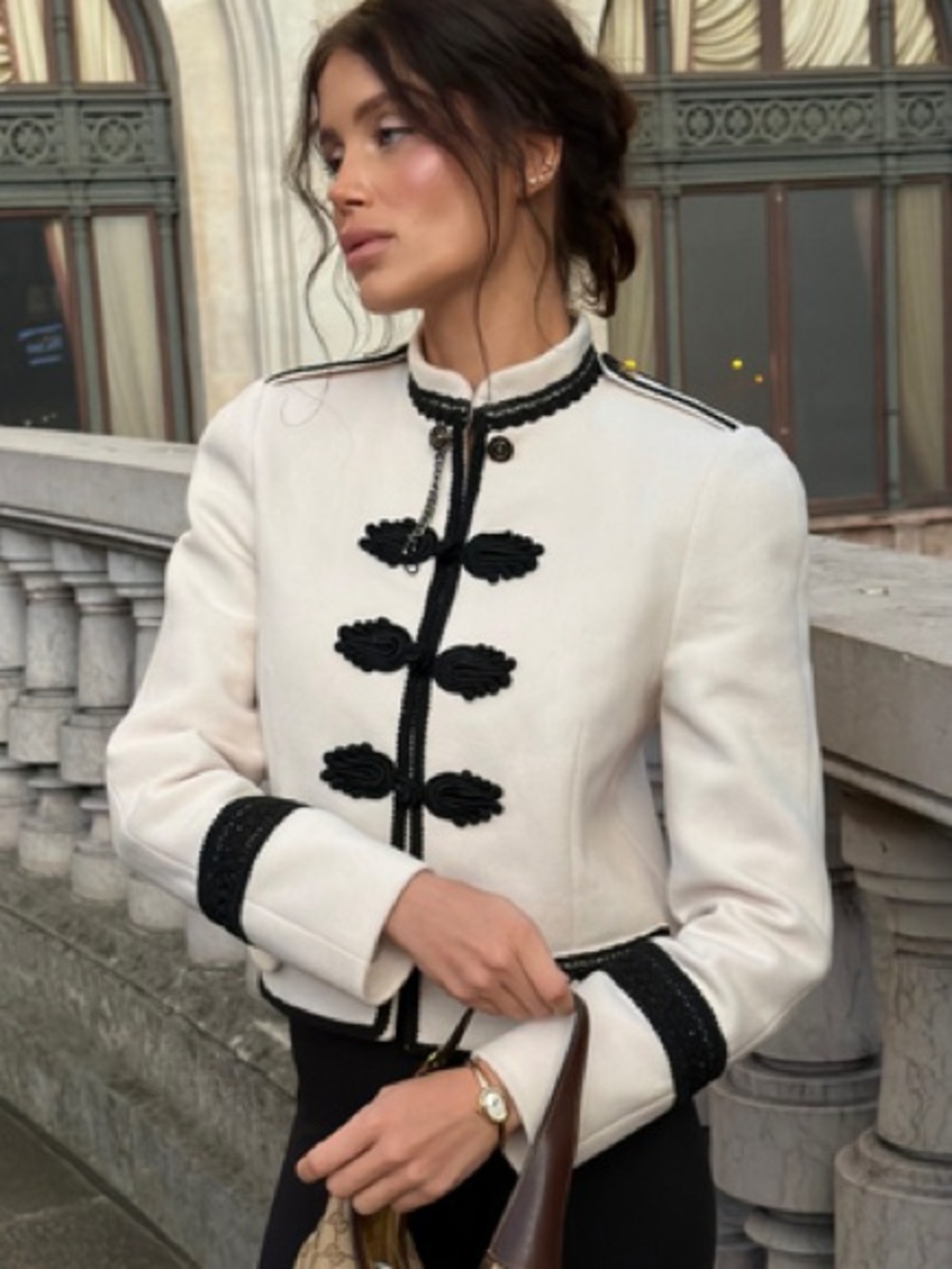 Womens White Military-Style Embroidered Jacket with Black Trim